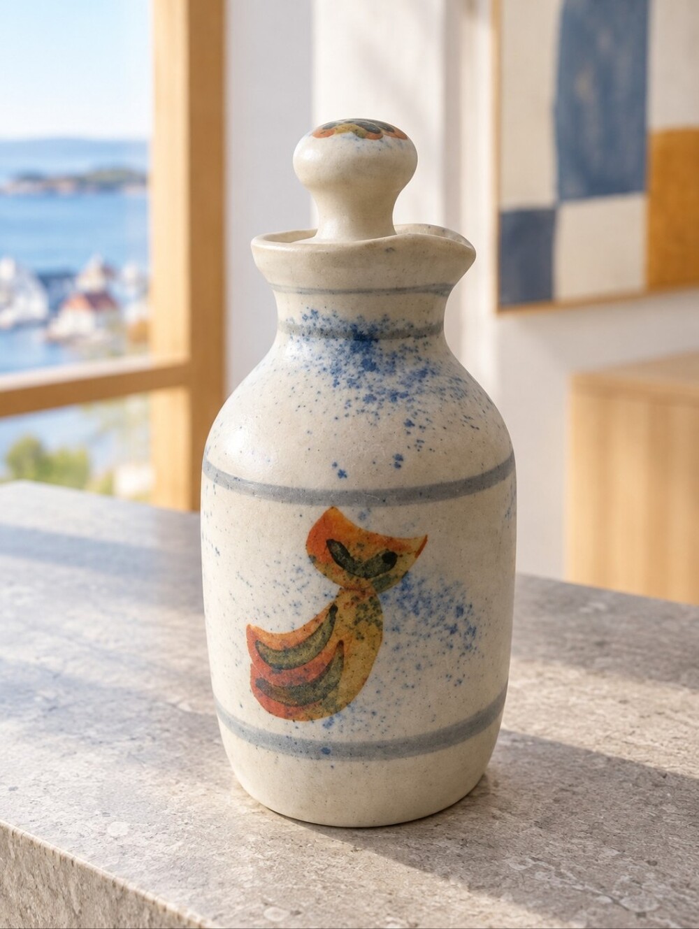 Vintage Canadian Studio Pottery Lidded Jug Hand Painted Bird Signed 8"